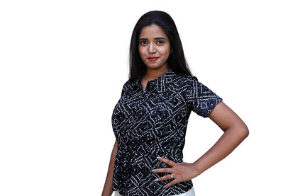Black Bandhini Print collared Neck Short Top | S3CT793