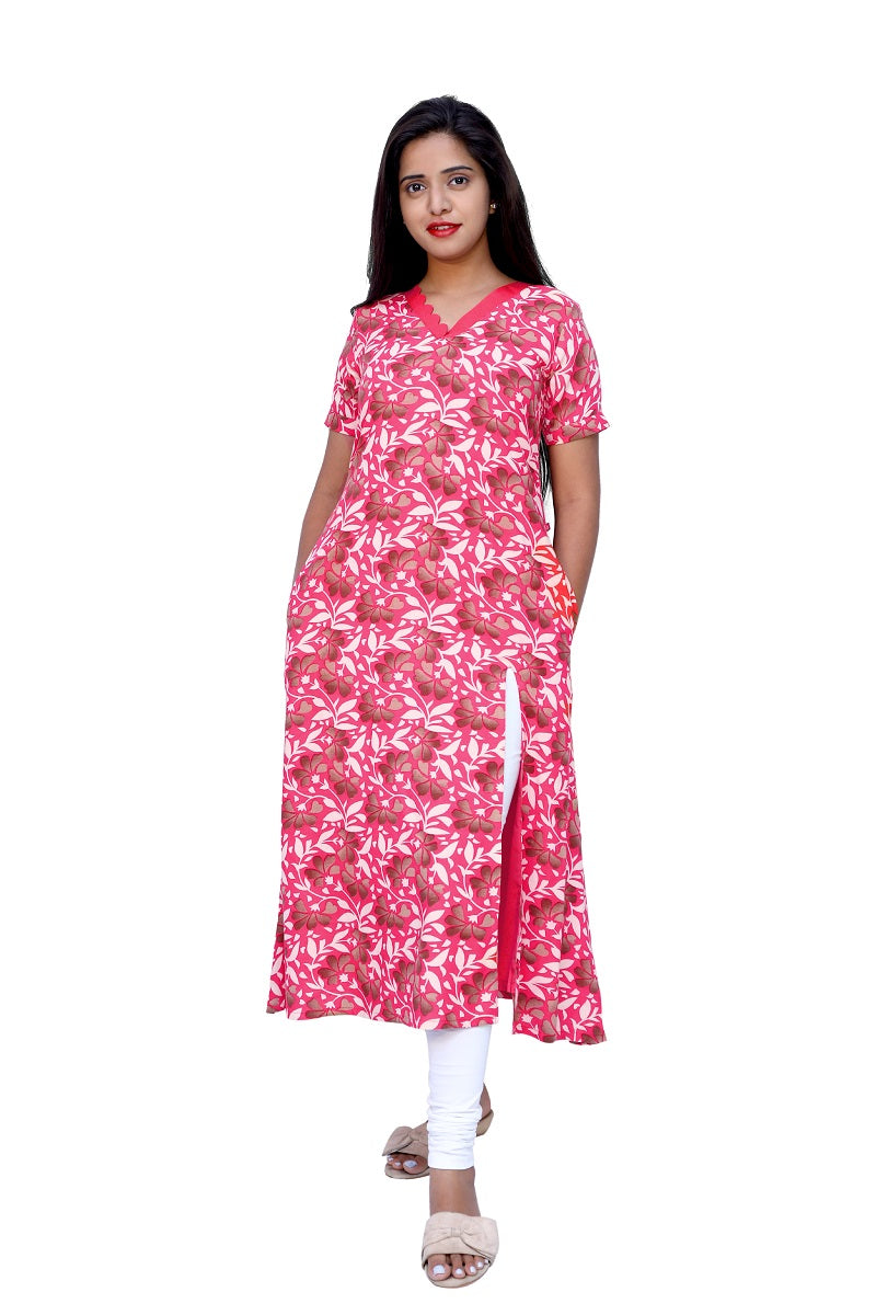 White&Red Floral Printed Front Slit Kurta | S3K740/A