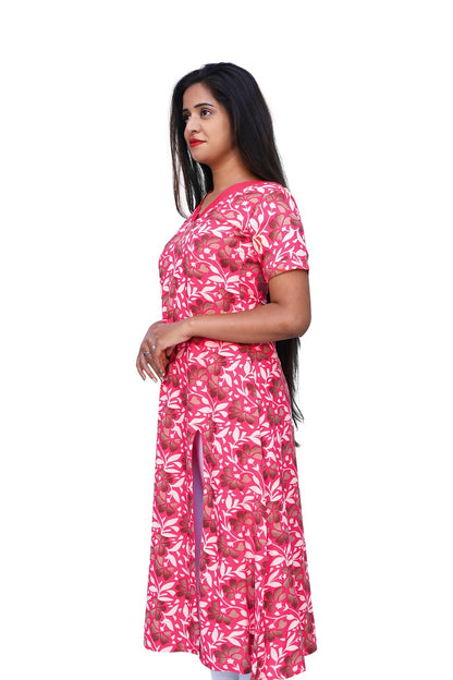 White&Red Floral Printed Front Slit Kurta | S3K740/A