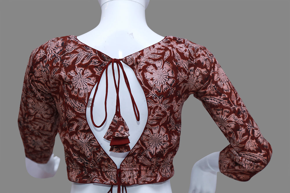 Maroon Kalamkari princess Cut 3/4th Sleeves & back Key hole Neck Blouse | S3B1166