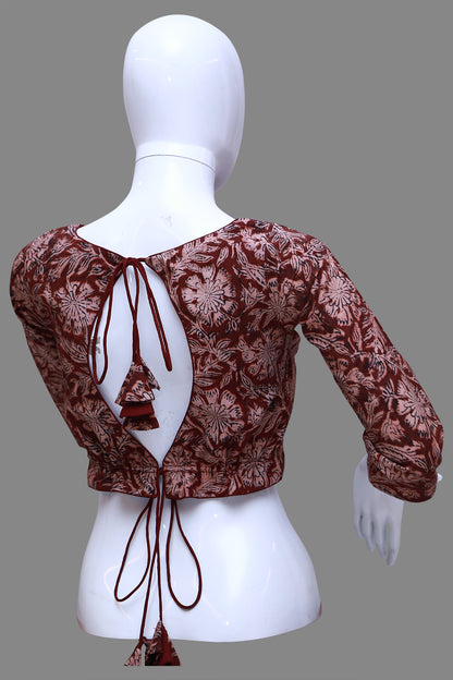 Maroon Kalamkari princess Cut 3/4th Sleeves & back Key hole Neck Blouse | S3B1166