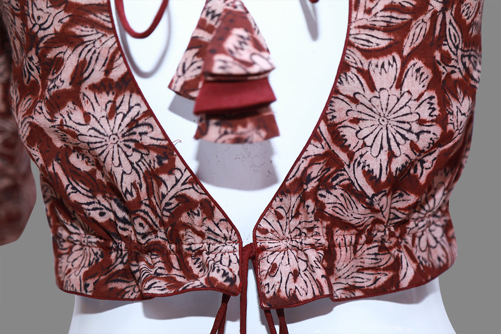 Maroon Kalamkari princess Cut 3/4th Sleeves & back Key hole Neck Blouse | S3B1166