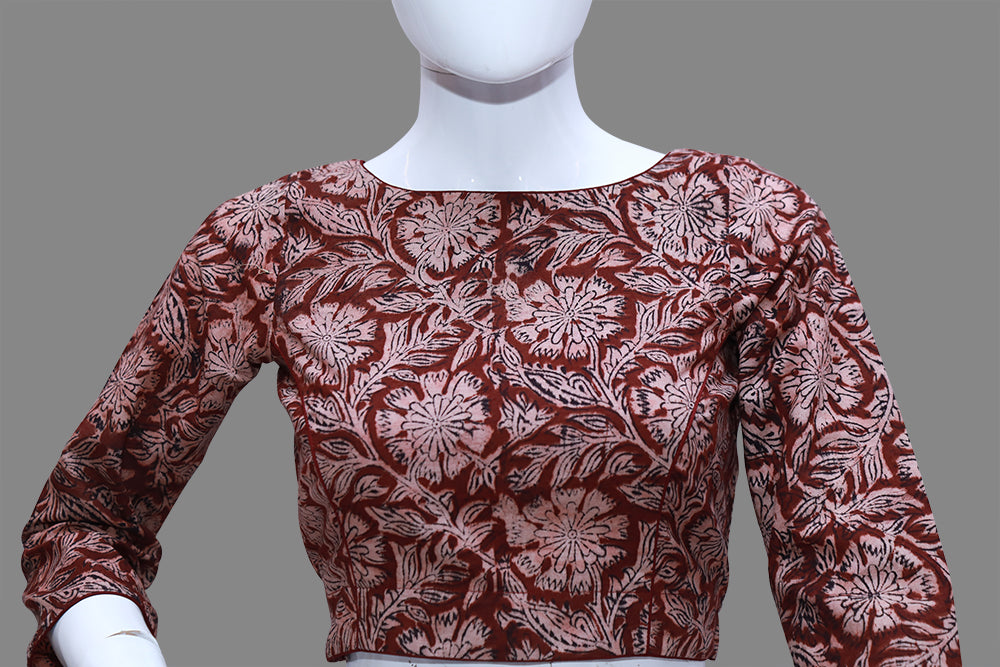 Maroon Kalamkari princess Cut 3/4th Sleeves & back Key hole Neck Blouse | S3B1166
