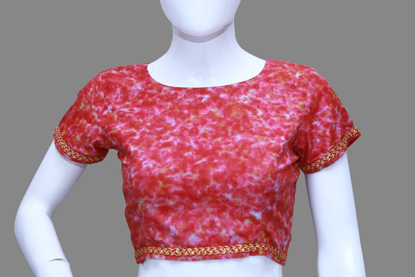 Red Tie & Die Boat Neck Short Sleeves with Back Frills Blouse | S3B1168
