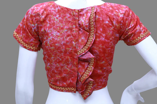 Red Tie & Die Boat Neck Short Sleeves with Back Frills Blouse | S3B1168