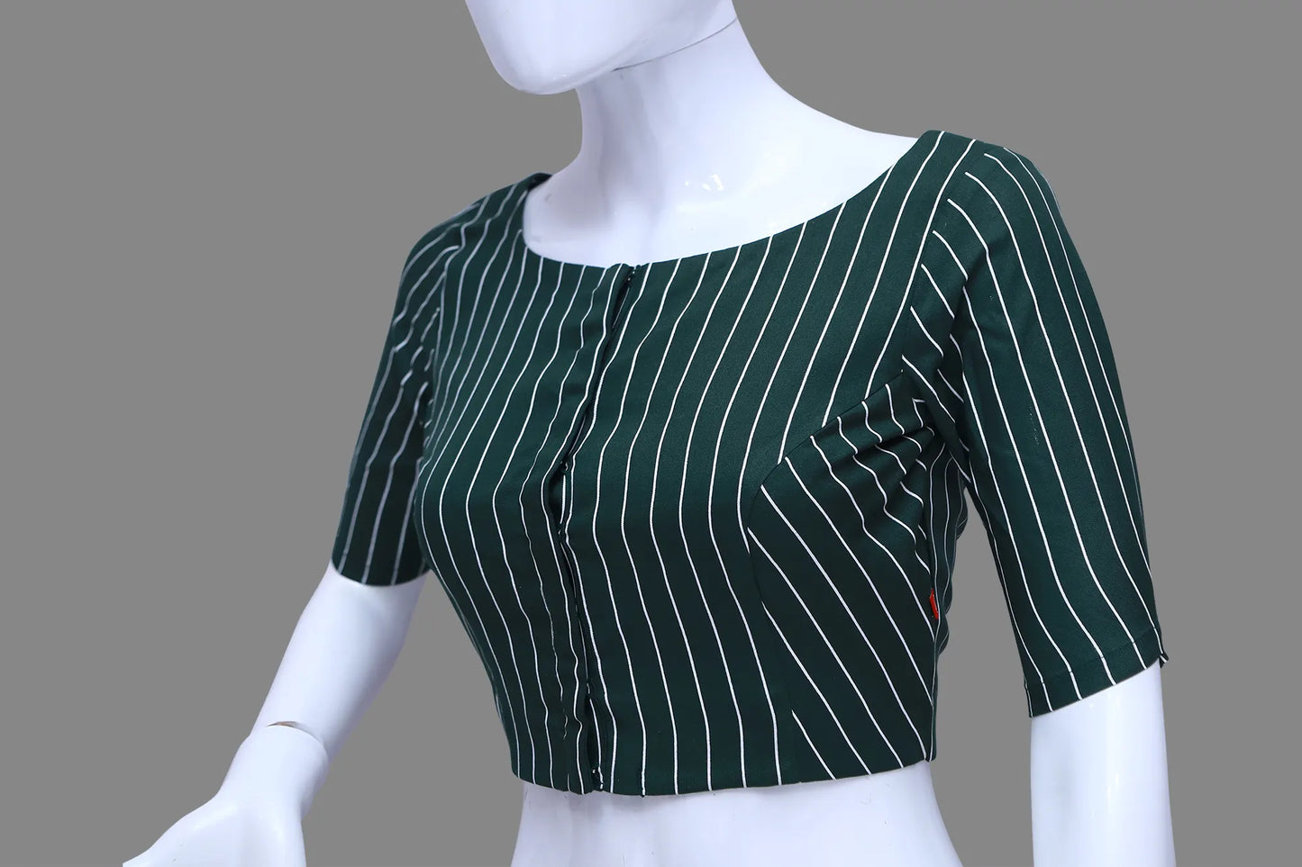 Bottle Green Vertical Lines Princess Cut Elbow Sleeves Blouse | S3B1171