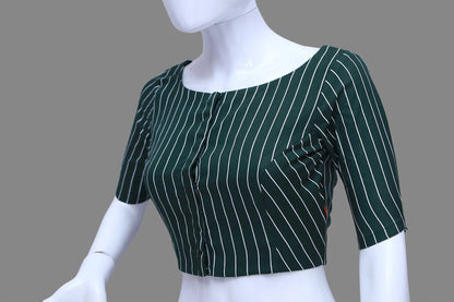 Bottle Green Vertical Lines Princess Cut Elbow Sleeves Blouse | S3B1171