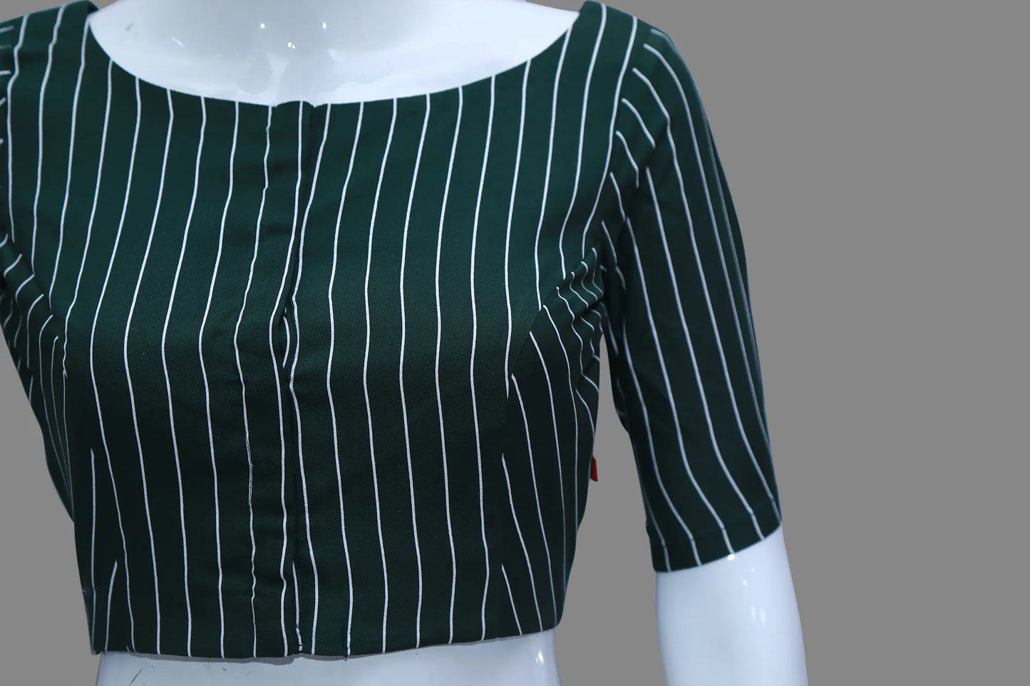 Bottle Green Vertical Lines Princess Cut Elbow Sleeves Blouse | S3B1171