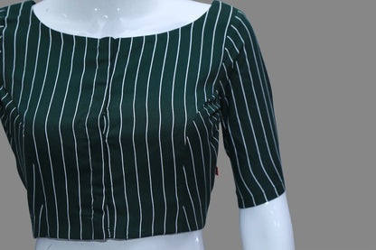 Bottle Green Vertical Lines Princess Cut Elbow Sleeves Blouse | S3B1171