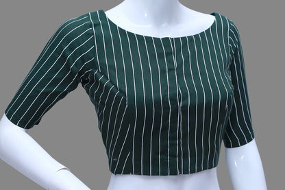 Bottle Green Vertical Lines Princess Cut Elbow Sleeves Blouse | S3B1171