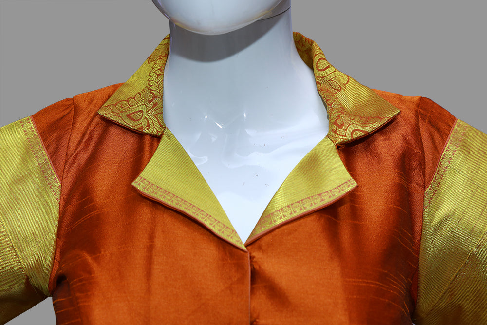 Pattu Orange & Gold  Blazer neck 3/4 Sleeves Blouse | S3B1181