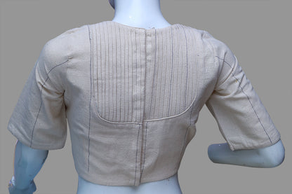 Off- White Planket Round Neck Elbow Sleeves Blouse | S3B1170