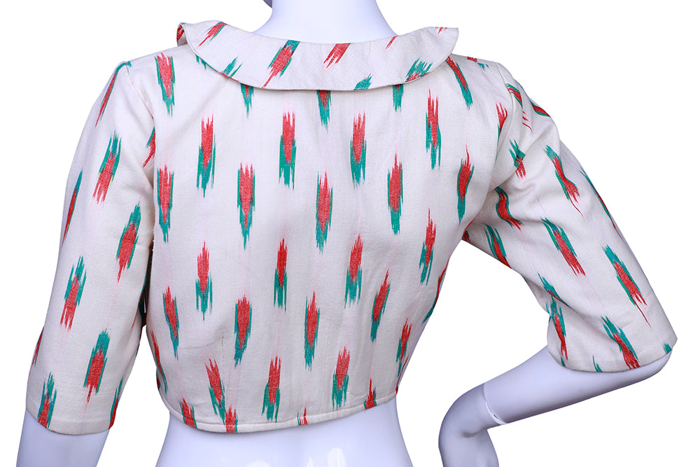 Round Collar Embellished with Wooden buttons Ikat Elbow Sleeves Blouse |  S3B24