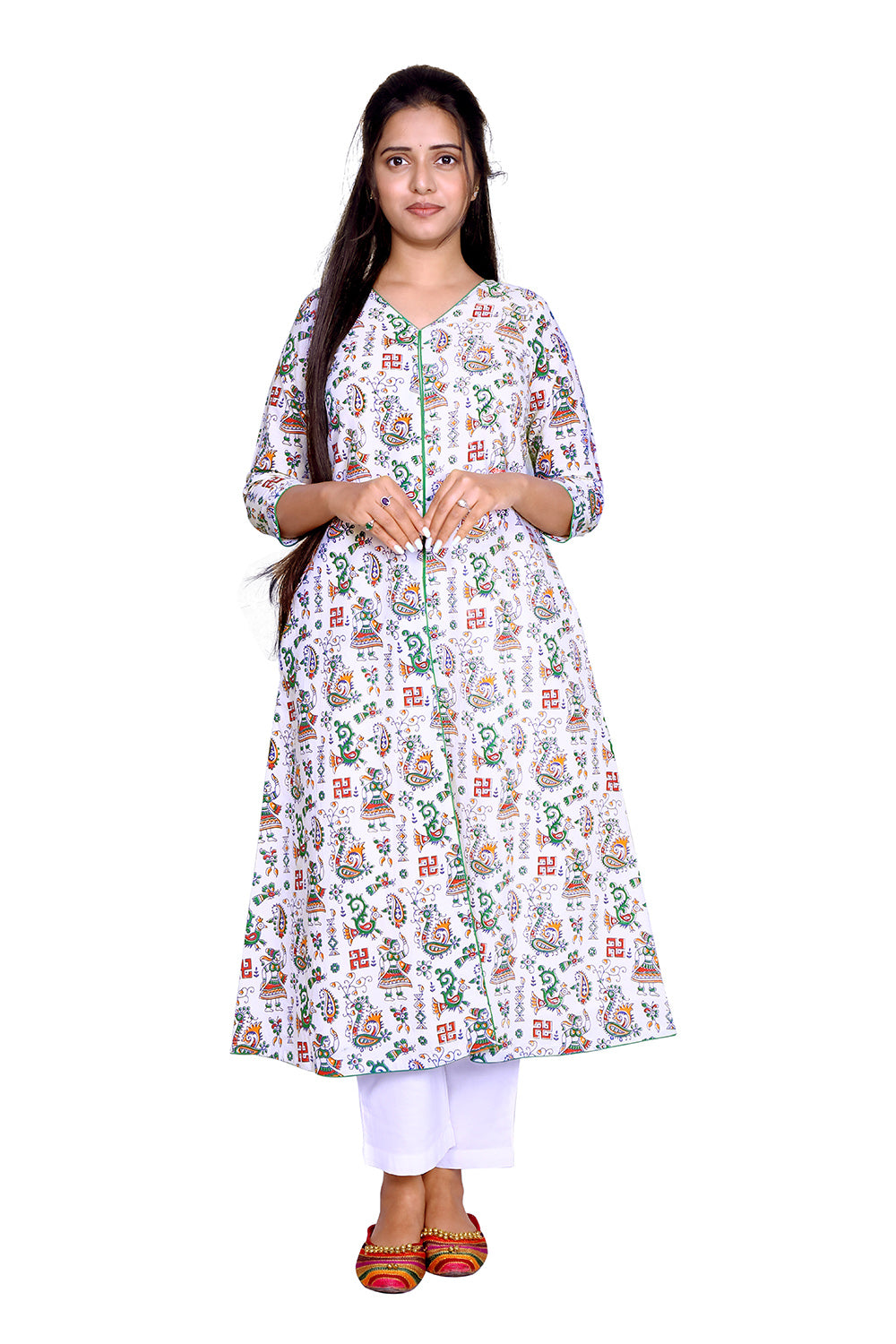Printed Cotton White Front Slit Kurta | S3K776