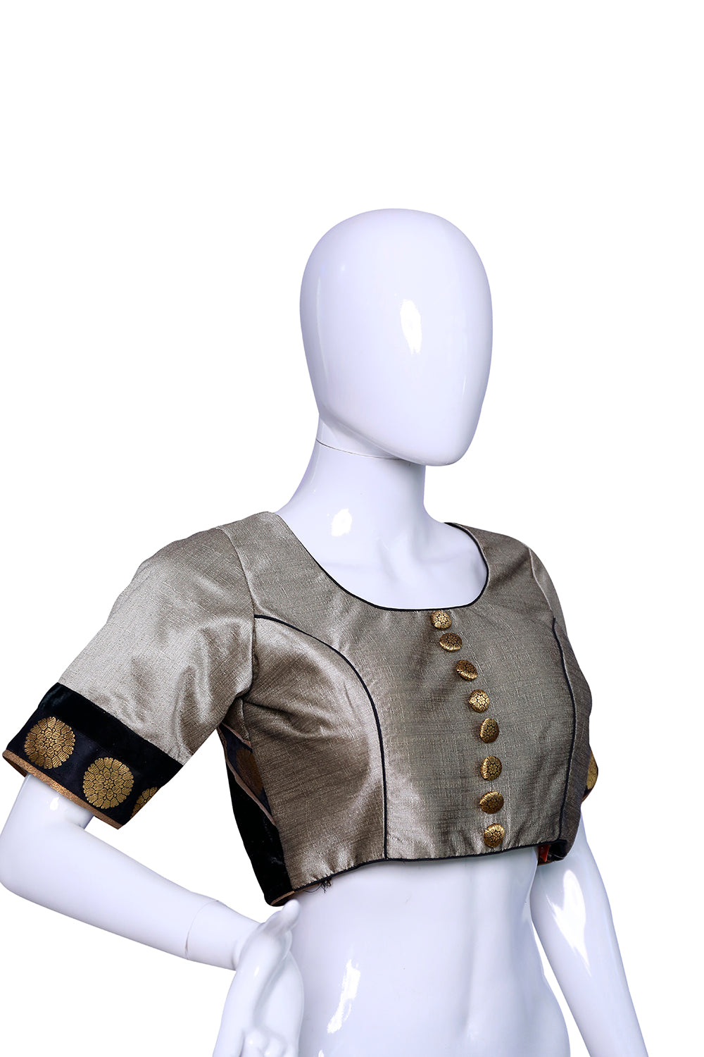 grey Broad Round Neck Princess Cut Embellished buttons with brocade patches Blouse | S3B27