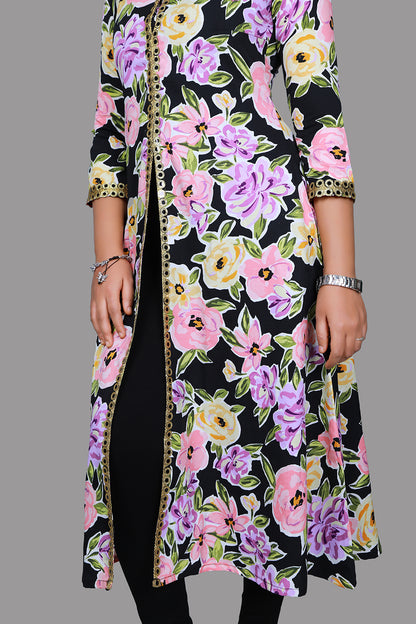 Black with Floral Print Middle Slit A Line Kurti | S3K1019