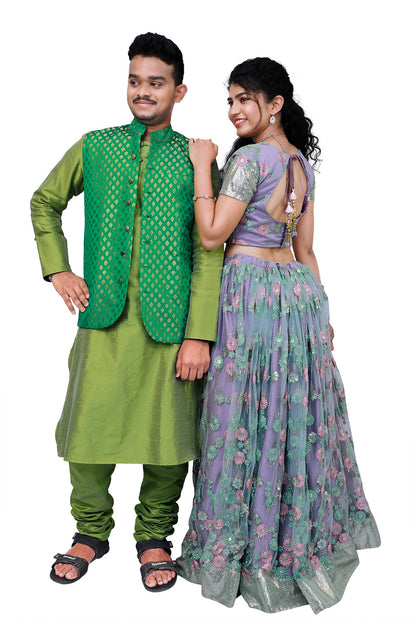 Men's Green&Gold Print Sherwani Set,Embroidery Lehenga Set Wedding Combo | S3WC2