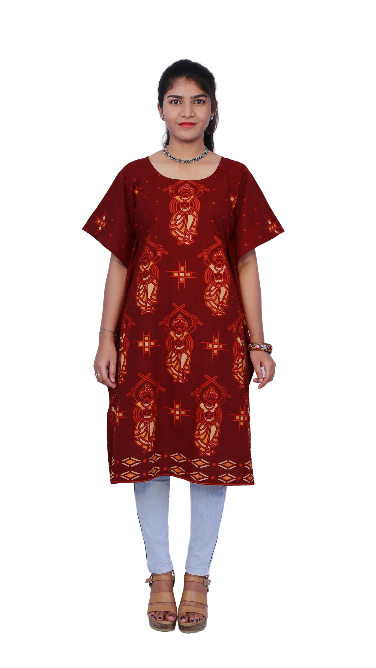 Women Maroon Kalamkari Kaftan Kurta | S3QK493