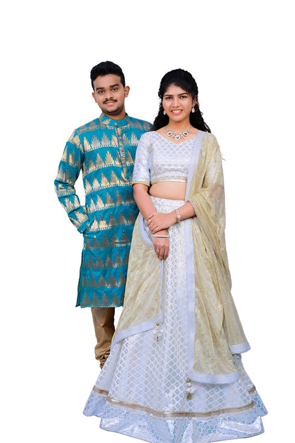 Men's Kurta Pyjama,White&Gold Lehenga Set Wedding Combo | S3WC1