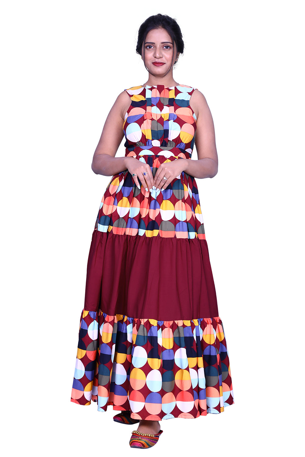 Maroon Printed Crape Straight Gown | S3D375