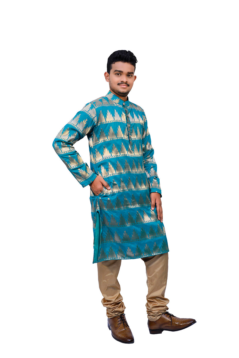 Blue & Gold Printed Kurta Pyjama Set | S3MKS