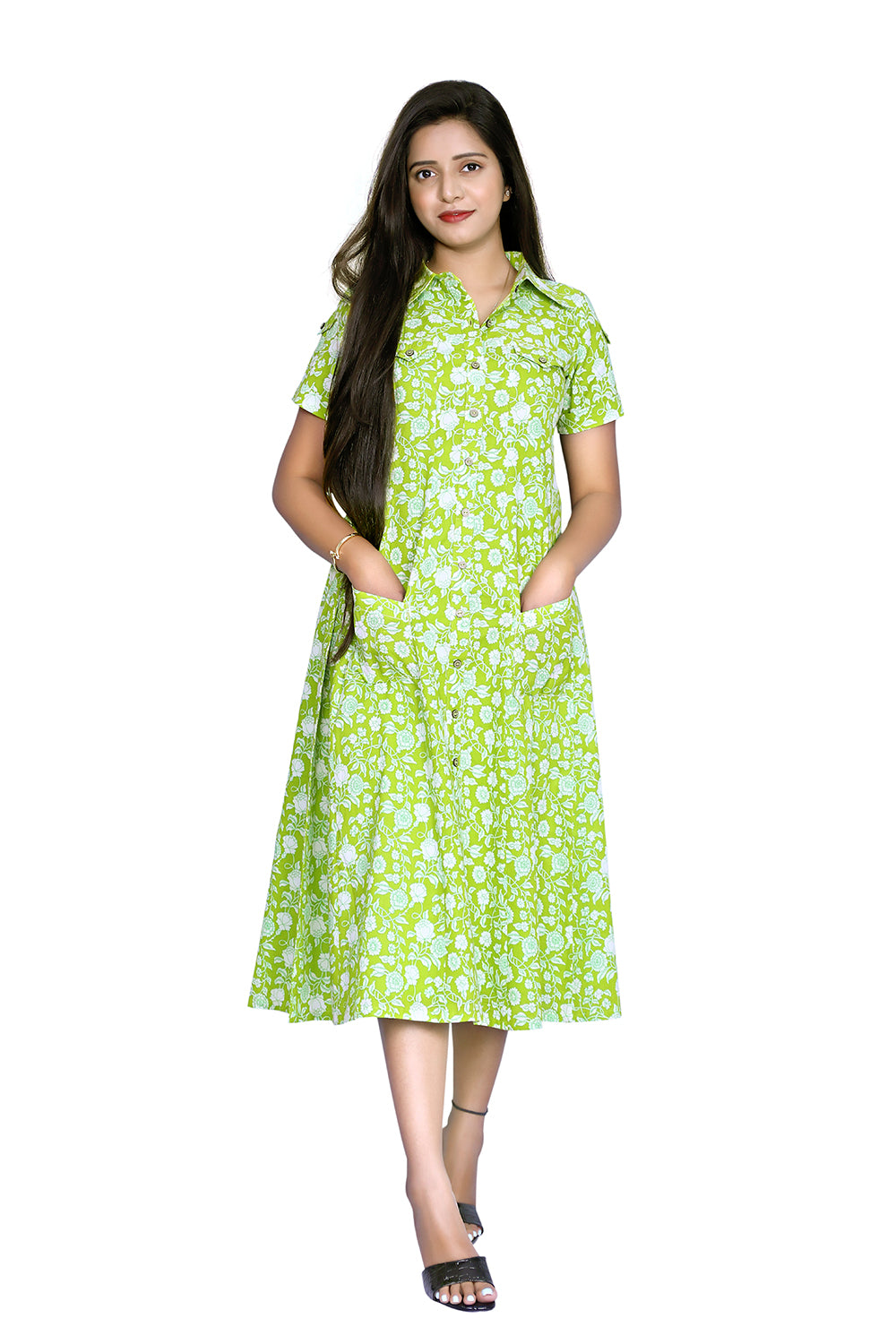 Printed Light Green Cotton Blend A-line Kurta | S3K831