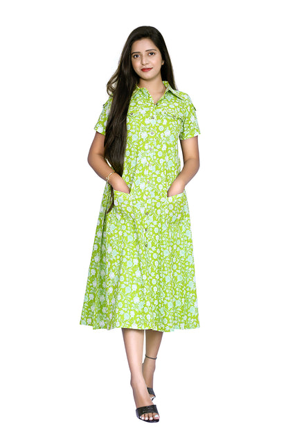 Printed Light Green Cotton Blend A-line Kurta | S3K831