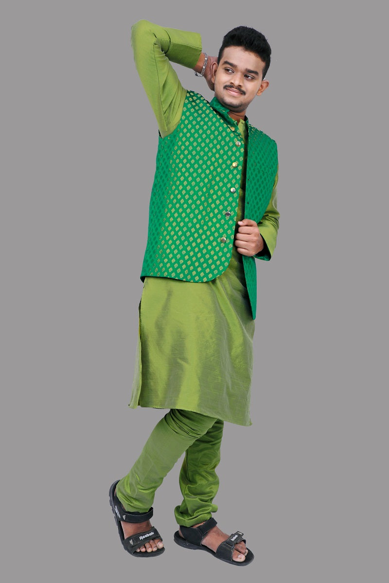 Men's Green & Gold Color Sherwani Set | 35251243