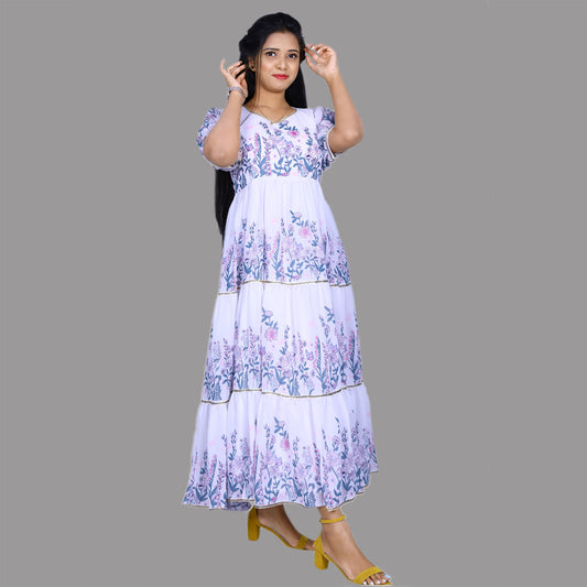 White Floral Print Gown | S3G871