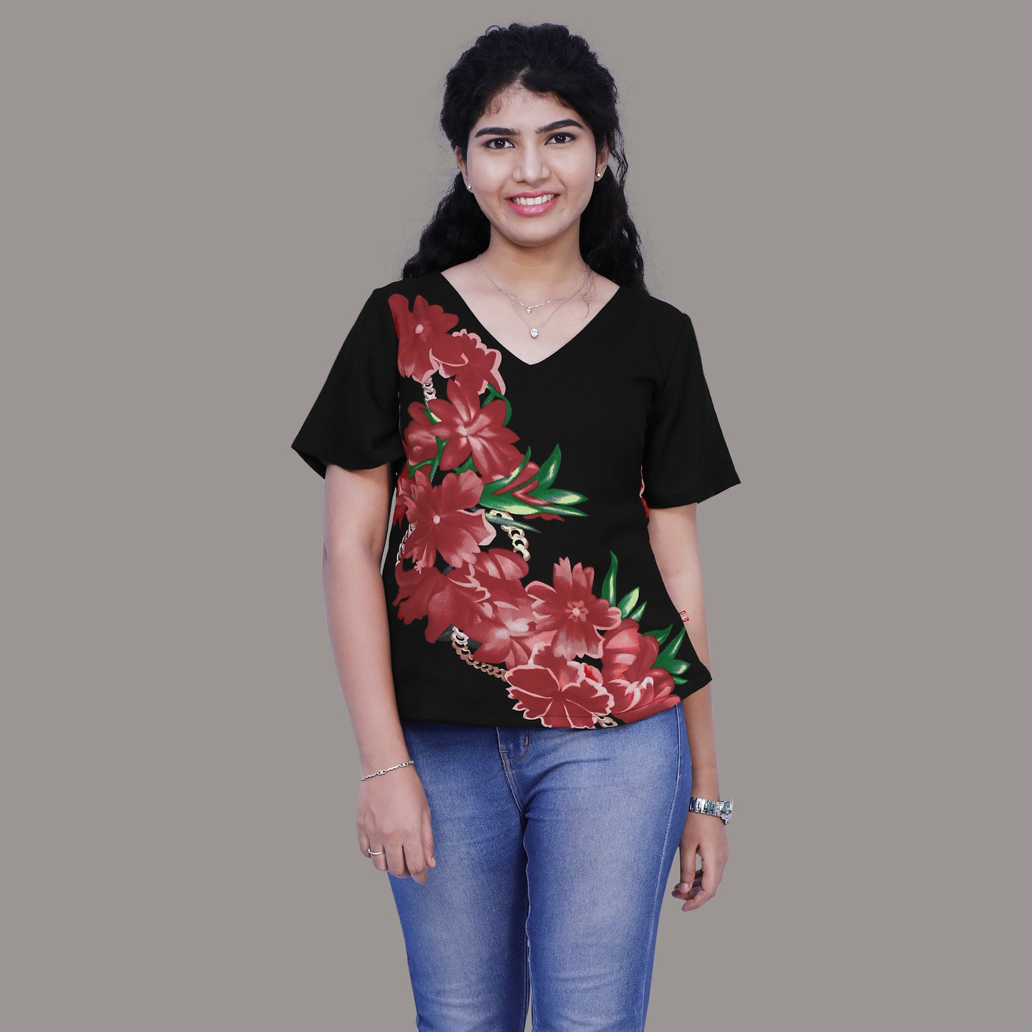 Casual Floral Print Women Black Top | S3ST241