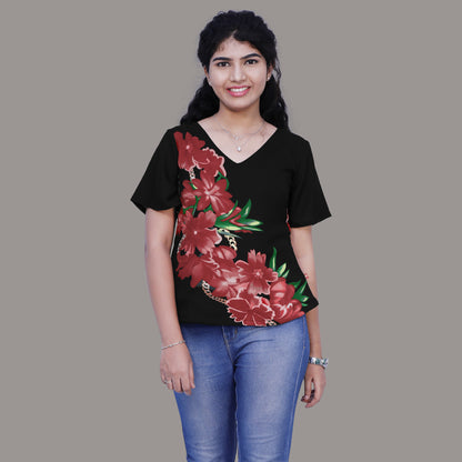 Casual Floral Print Women Black Top | S3ST241