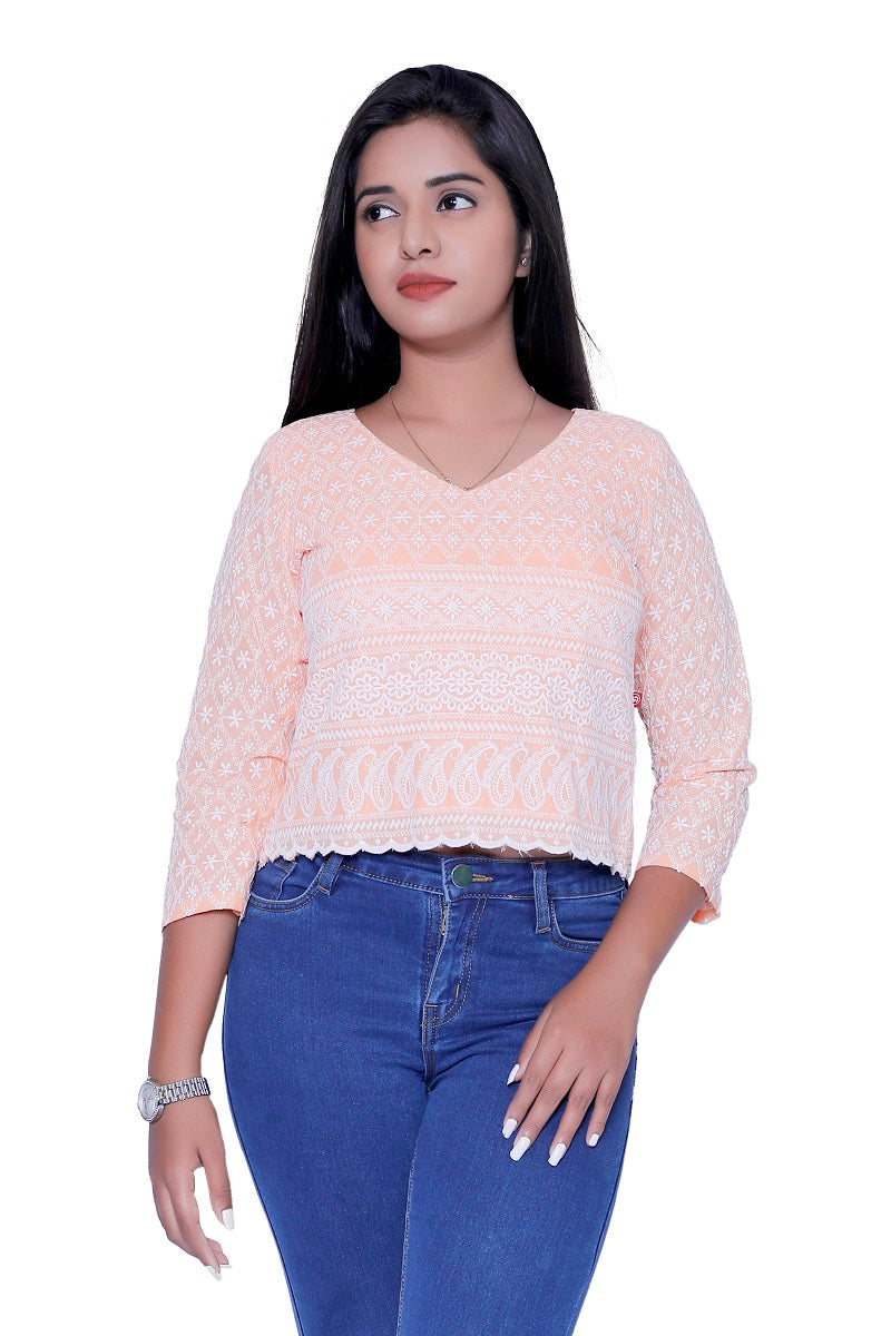 Casual Regular Sleeves Chikankari Embroidered Women Orange Top | S3CT798