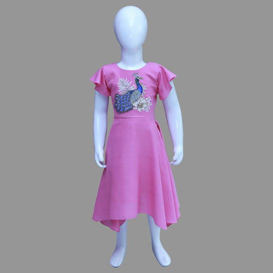 Pink Picwai Hand Printed & Maggam Work Flared Baby Girl Frock | S3GF
