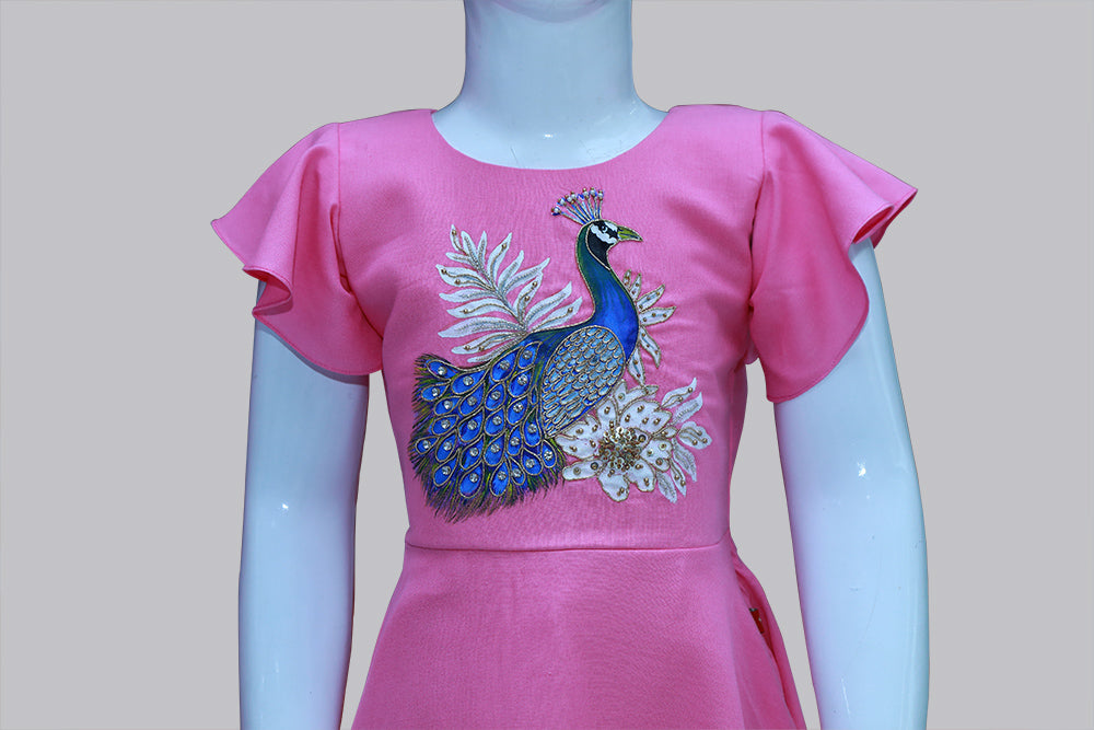Pink Picwai Hand Printed & Maggam Work Flared Baby Girl Frock | S3GF