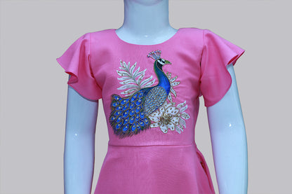 Pink Picwai Hand Printed & Maggam Work Flared Baby Girl Frock | S3GF