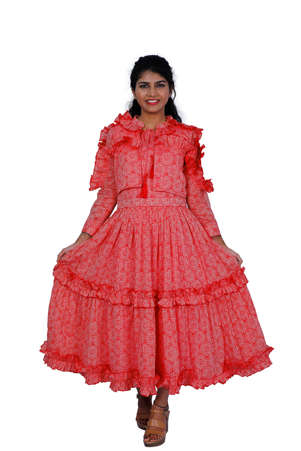Flamingo Pink Tiered Maxi Dress With Shrug Set | S3W133