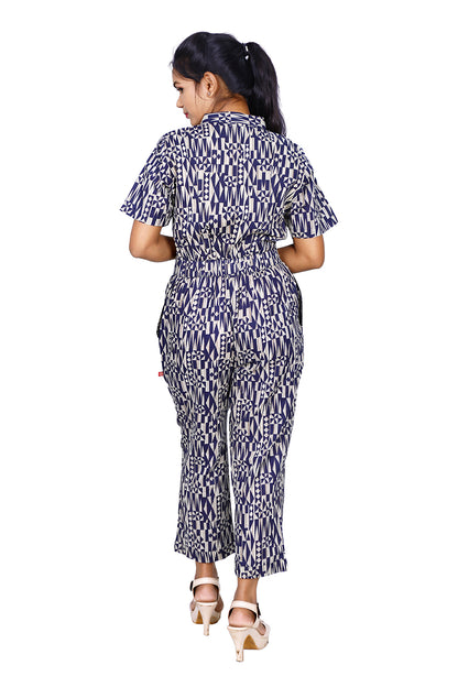 NAVY BLUE AND IVORY PRINTED JUMP SUIT | S3JS672