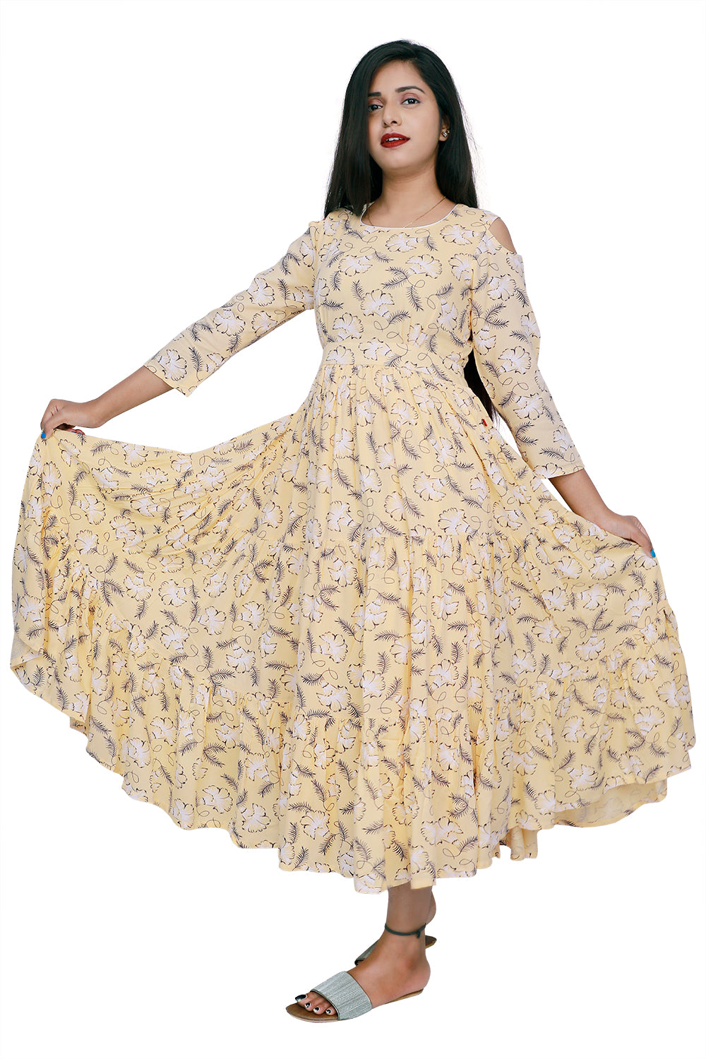 Cream Rayon Floral Printed Cold Shoulder A Line Kurta | S3D088