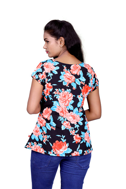 Womens Crape Black Floral Printed Short Top | S3T962