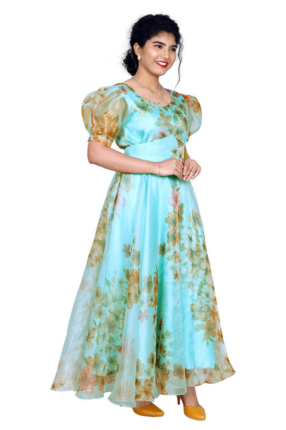 Peacock Blue Organza Floral Printed Gown | S3G843