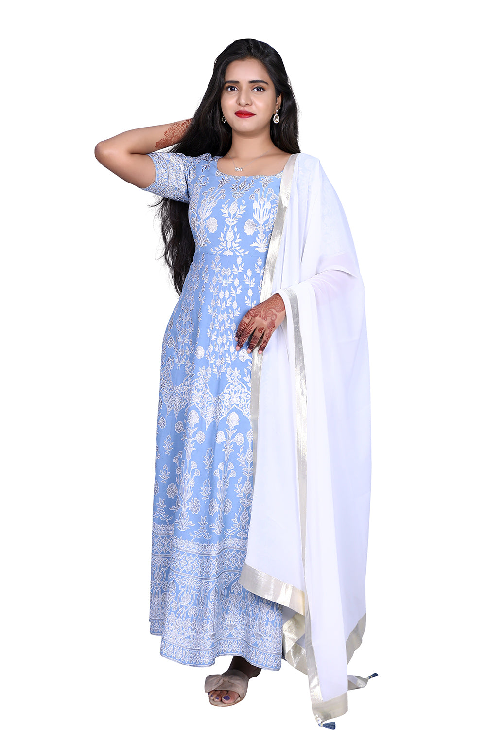 Womens Stone Blue Floral Printed Anarkali Dress with Dupatta  | S3G979