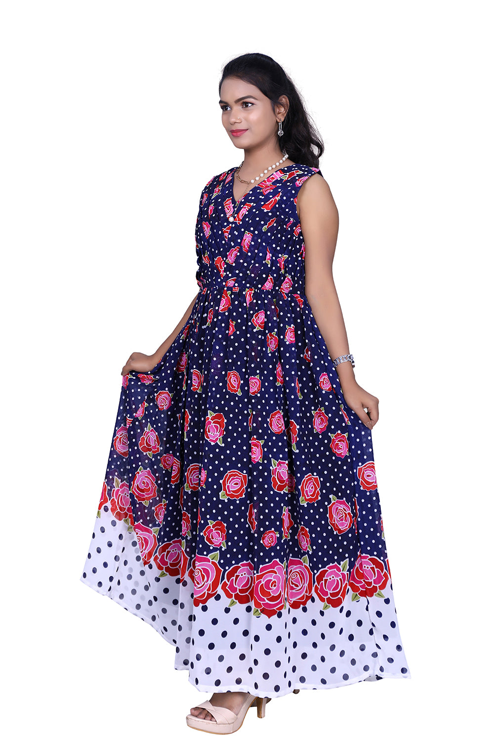 Womens Georgette Navy Blue Floral Printed Maxi | S3G934