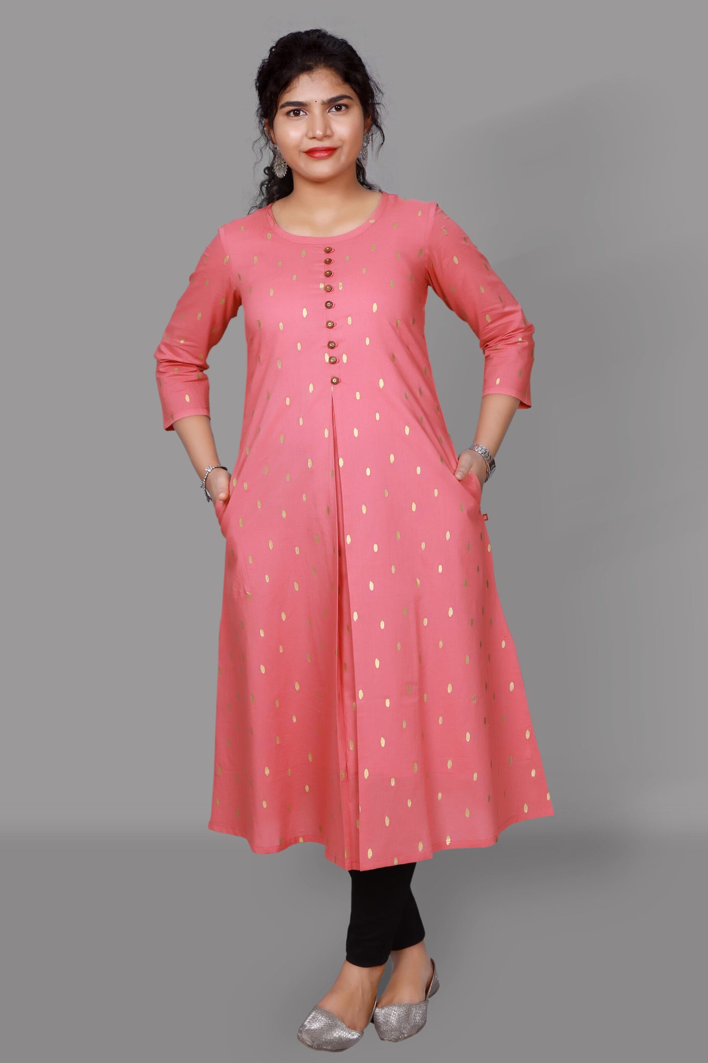 Carnation Pink Block Printed A Line Kurta | S3K1014