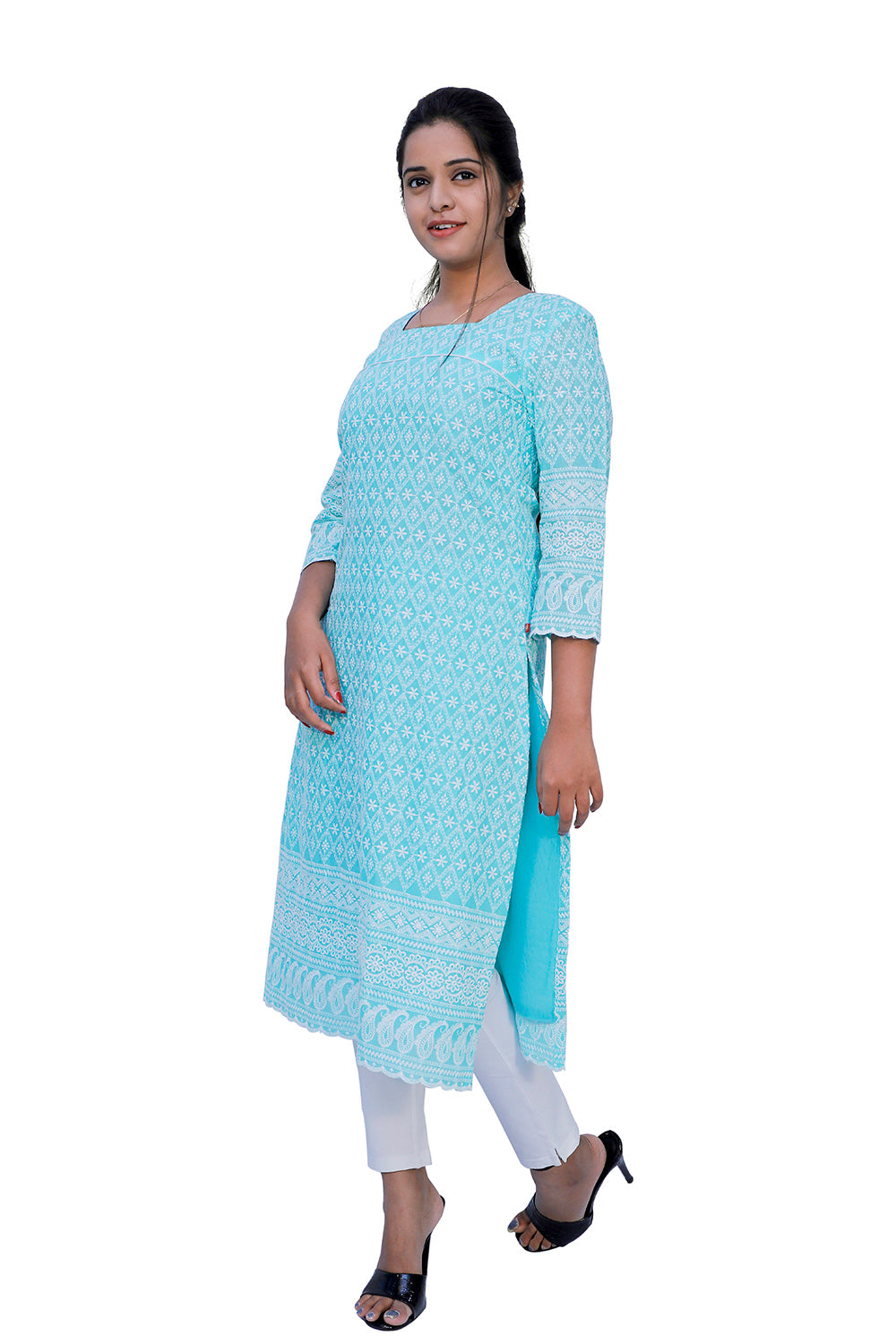 Women Chikan Embroidery A-line Kurta (blue) | S3K638