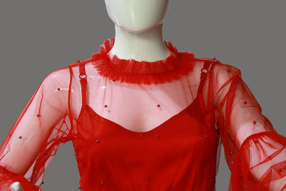 High Neck Pleated Red Net Crop Top  | S3B41