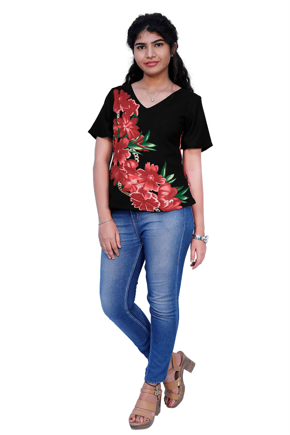 Casual Floral Print Women Black Top | S3ST241