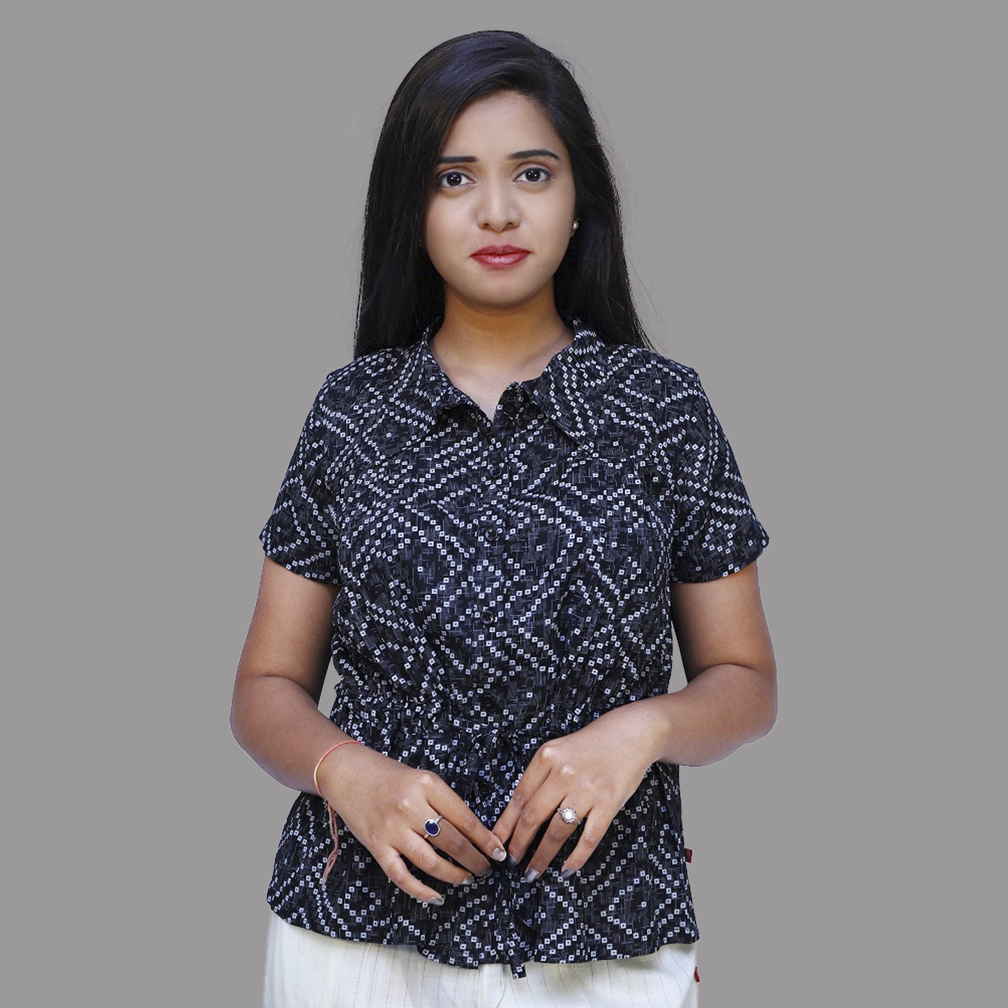 Black Bandhini Print collared Neck Short Top | S3CT793
