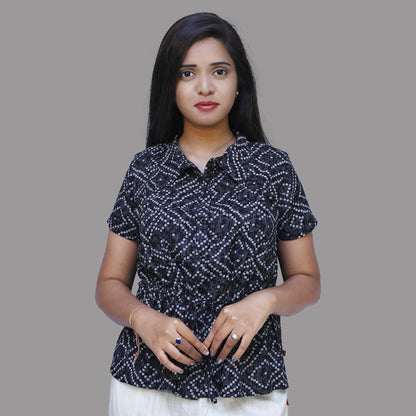 Black Bandhini Print collared Neck Short Top | S3CT793