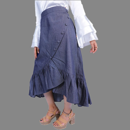 Polka Dot Printed Denim Maxi Skirt | S3S379
