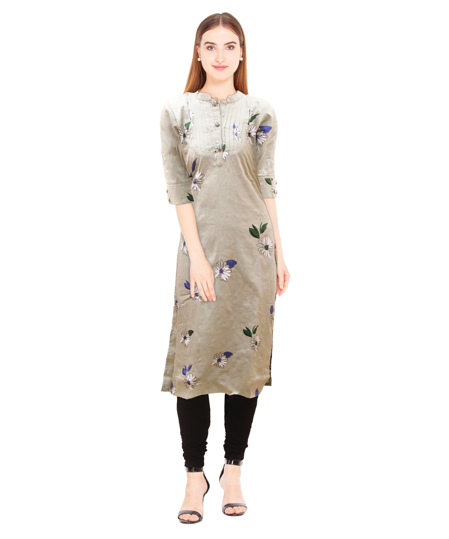 Grey & Green Floral Print Straight Cotton Kurta | S3k138